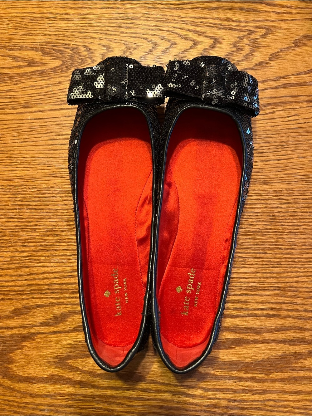 kate spade Black Sequin Bow Flats with Red Insole
